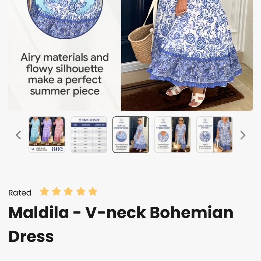 Blue and White Bohemian V-Neck Dress